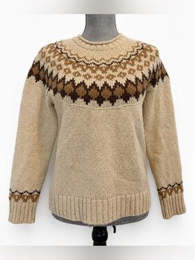 L.L. Bean Classic Fair Isle Crewneck Beige Lambswool Sweater Size XS